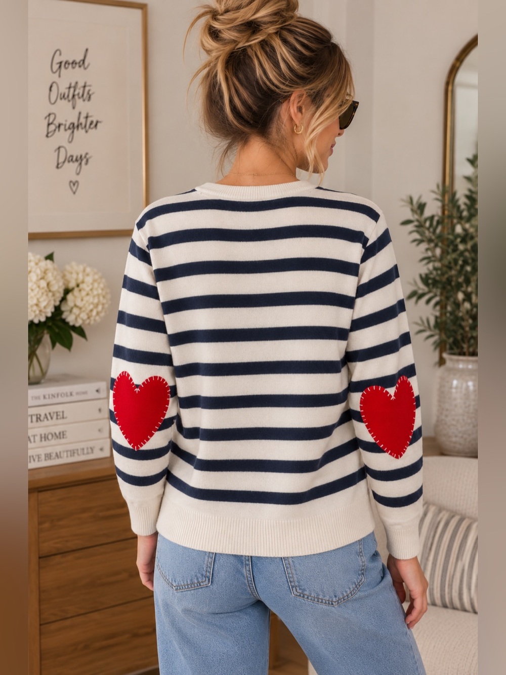Anthropologie Kerri Rosenthal Loved Heart Elbow Patch Striped 100% Cashmere Swea